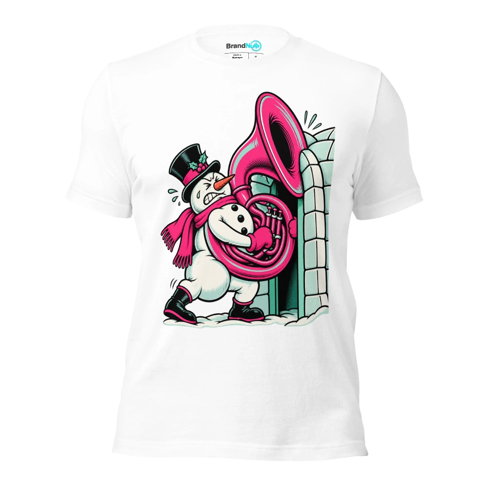 Snowman trying to carry a sousaphone through an igloo door T Shirt White Front
