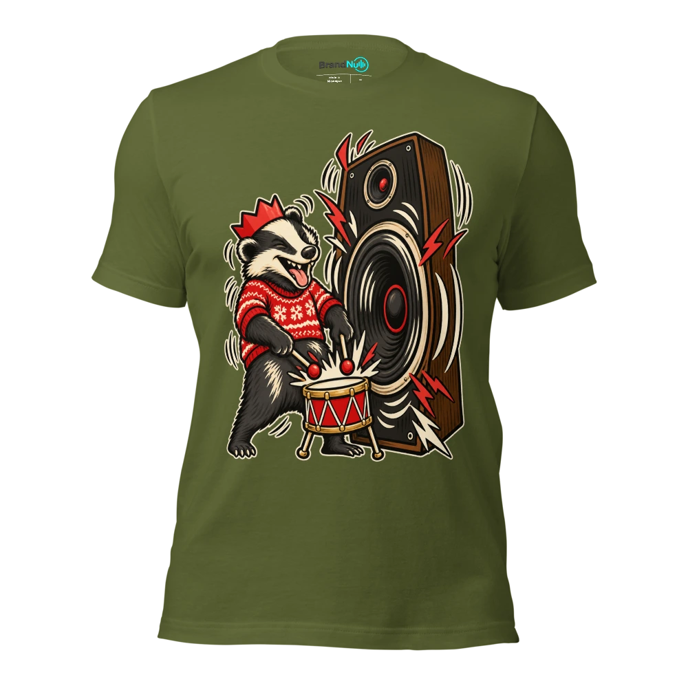 THE BADGER HAS BROUGHT FESTIVE DRUM AND BASS T Shirt Olive Front