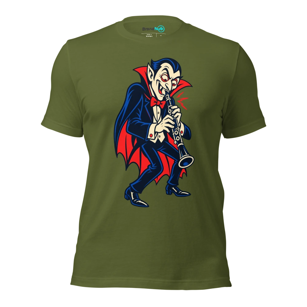 A vampire politely biting a squeaky clarinet reed T Shirt Olive Front