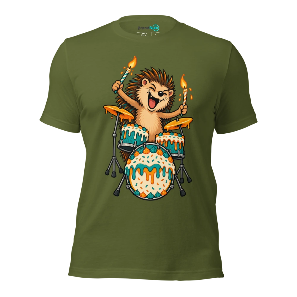 A hedgehog using birthday candles as tiny drumsticks T Shirt Olive Front