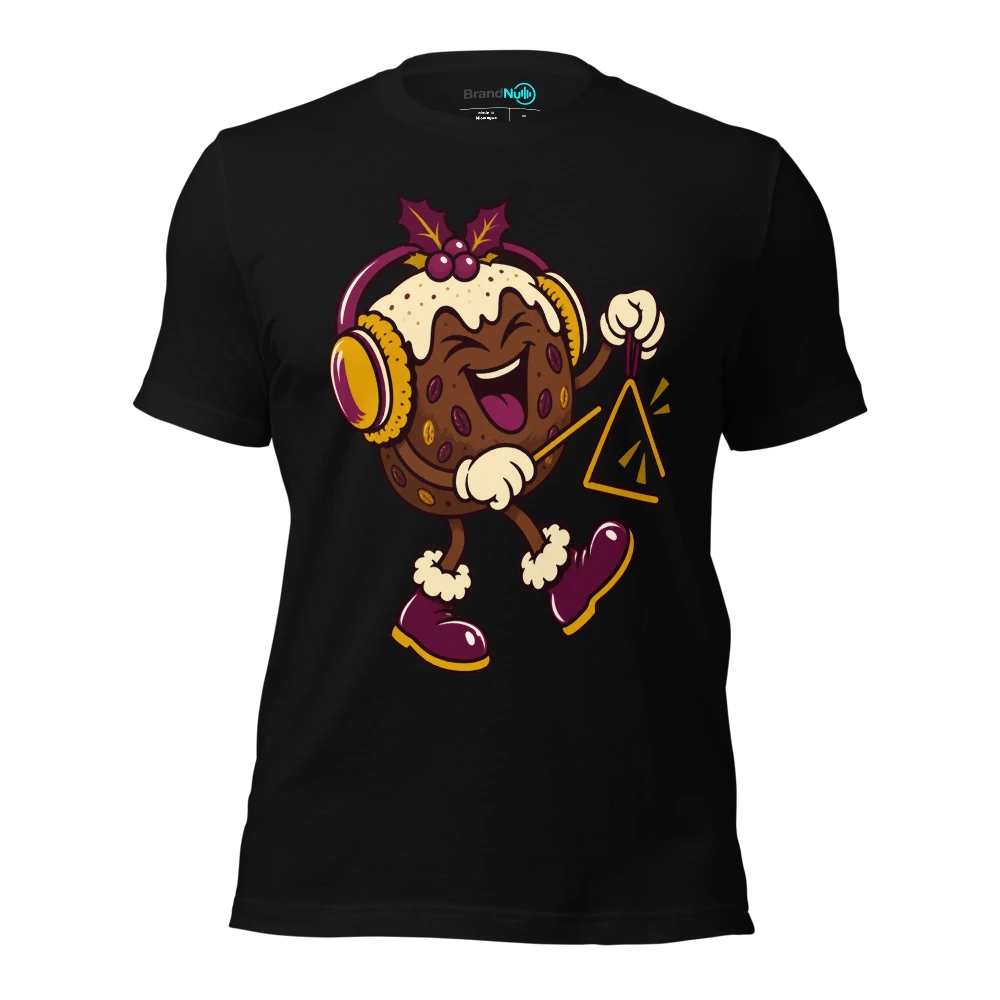 A Christmas pudding wearing oversized ear defenders beside a triangle T Shirt Black Front