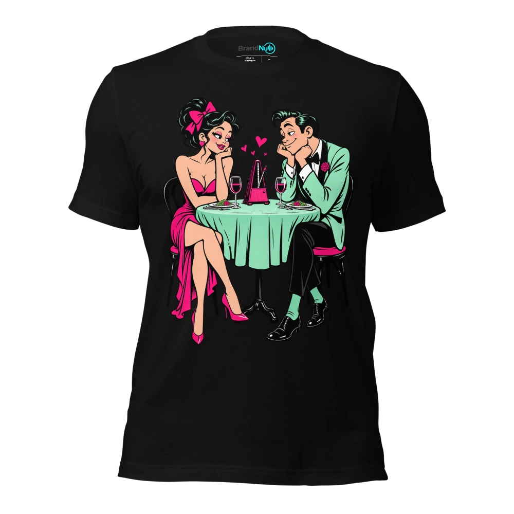 Couple watching a tiny metronome over dinner T Shirt Black Front