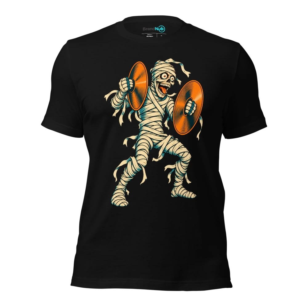 Mummy attempting to clap while holding two cymbals T Shirt Black Front