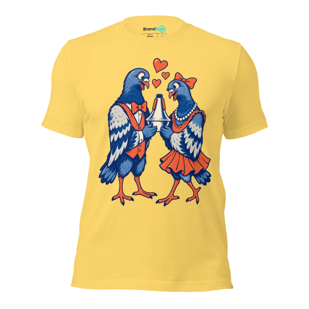 Two pigeons offering each other the same trumpet mute T Shirt Yellow Front