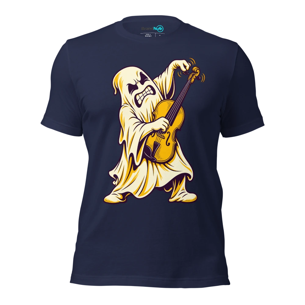 Ghost struggling to turn a squeaky violin peg T Shirt Navy Front