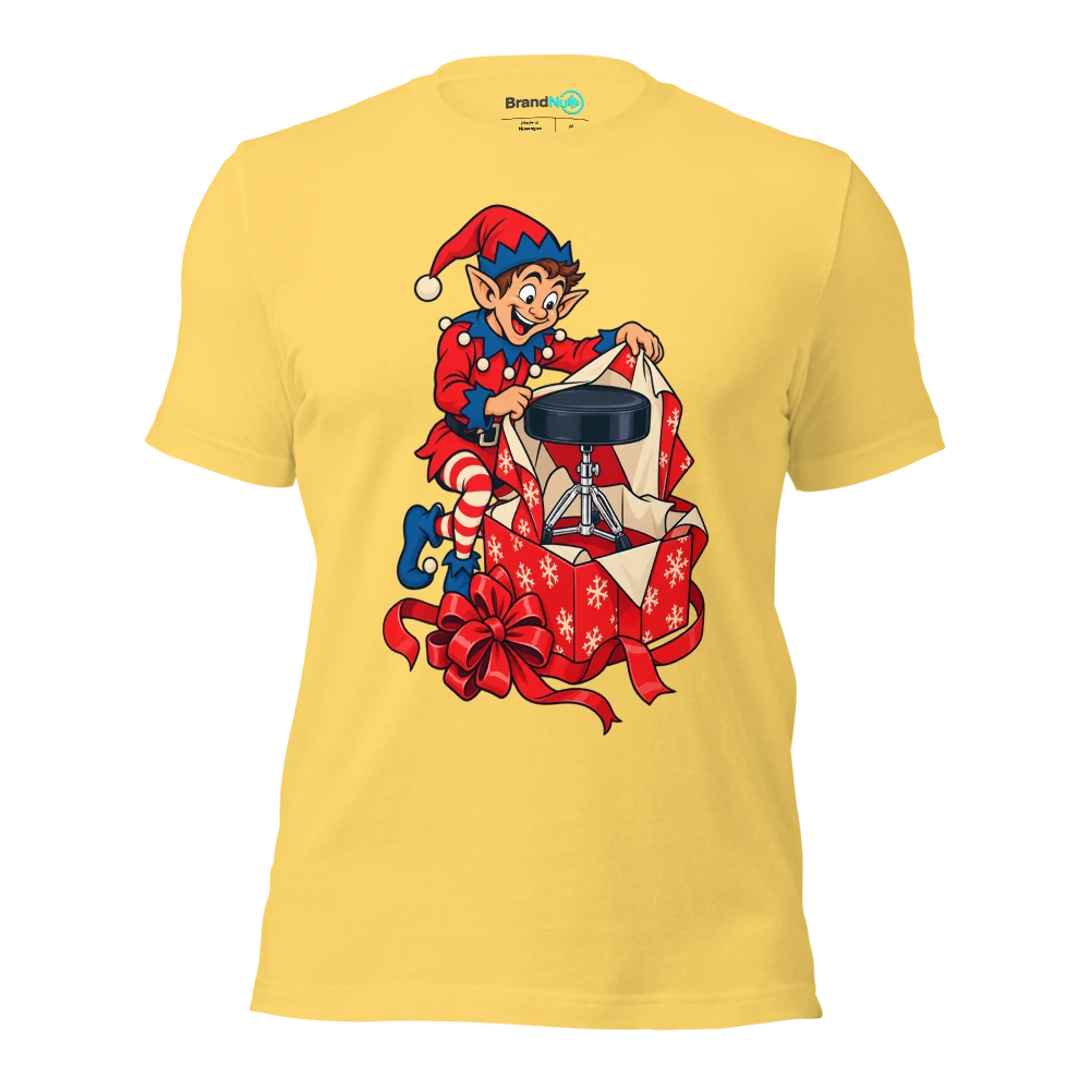 An elf packing a drum stool as though it were a luxury gift T Shirt Yellow Front