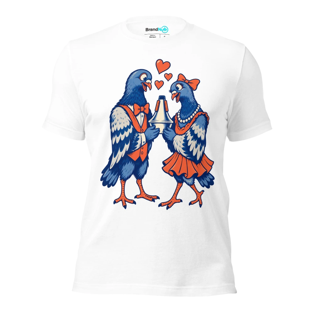 Two pigeons offering each other the same trumpet mute T Shirt White Front