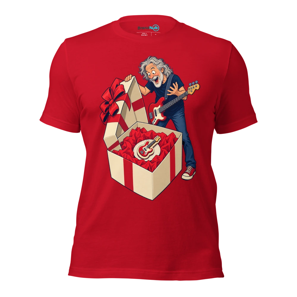 Older bassist finding a tiny bass shaped cake in a huge box T Shirt Red Front