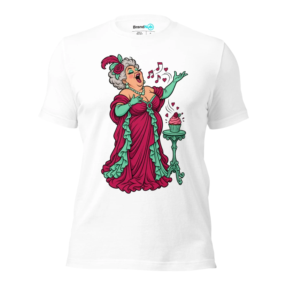 An elderly opera singer serenading a single cupcake T Shirt White Front