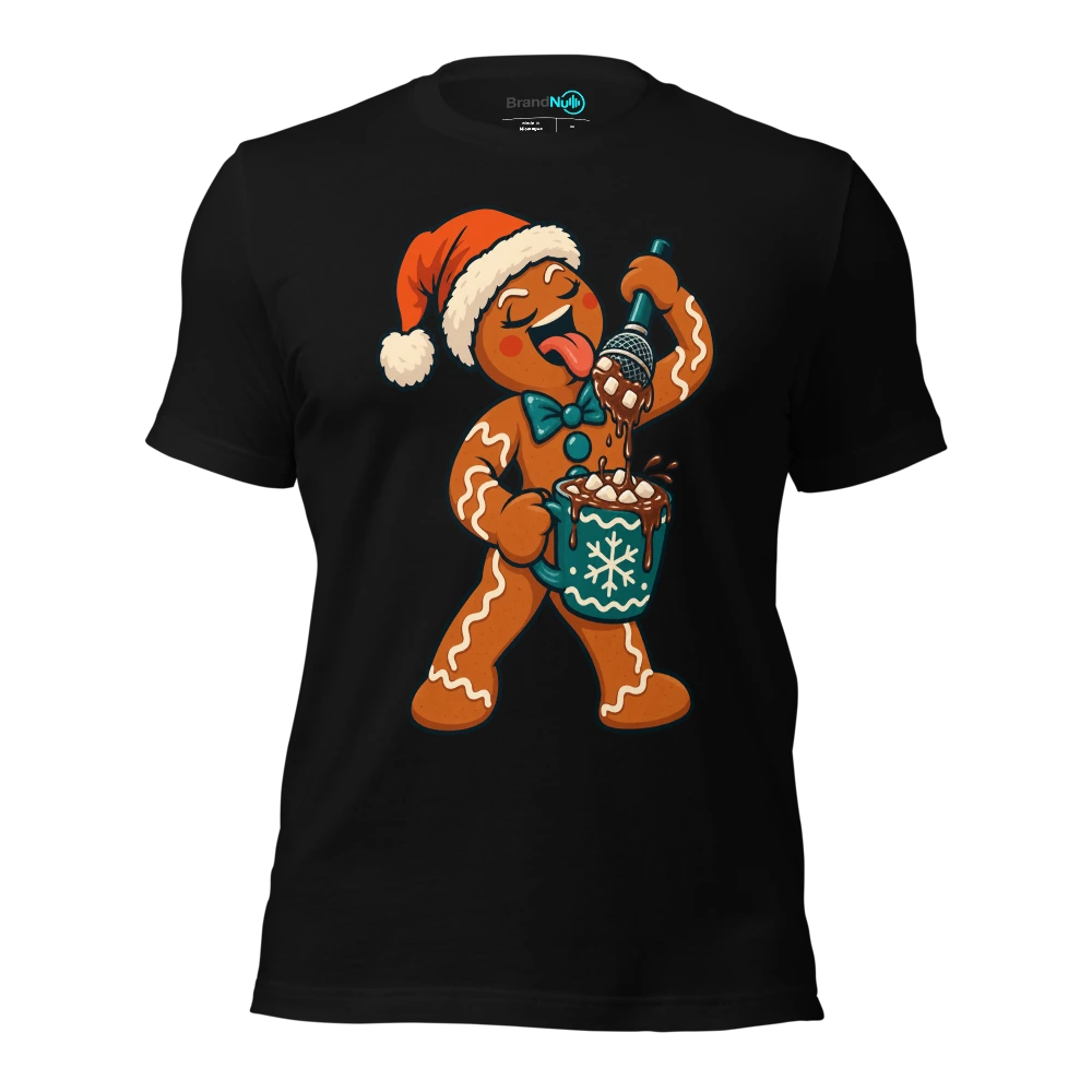 A gingerbread singer dipping a microphone into a mug of cocoa T Shirt Black Front