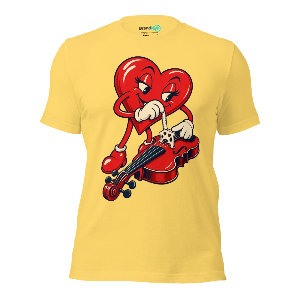 Heart mascot measuring a violin bridge with a tiny ruler T Shirt Yellow Front
