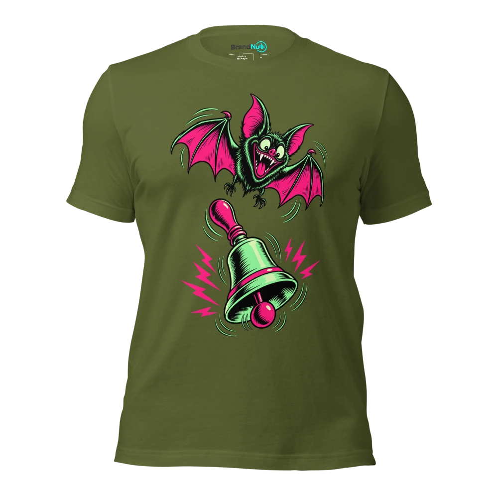 Bat flapping above a single loudly ringing handbell T Shirt Olive Front