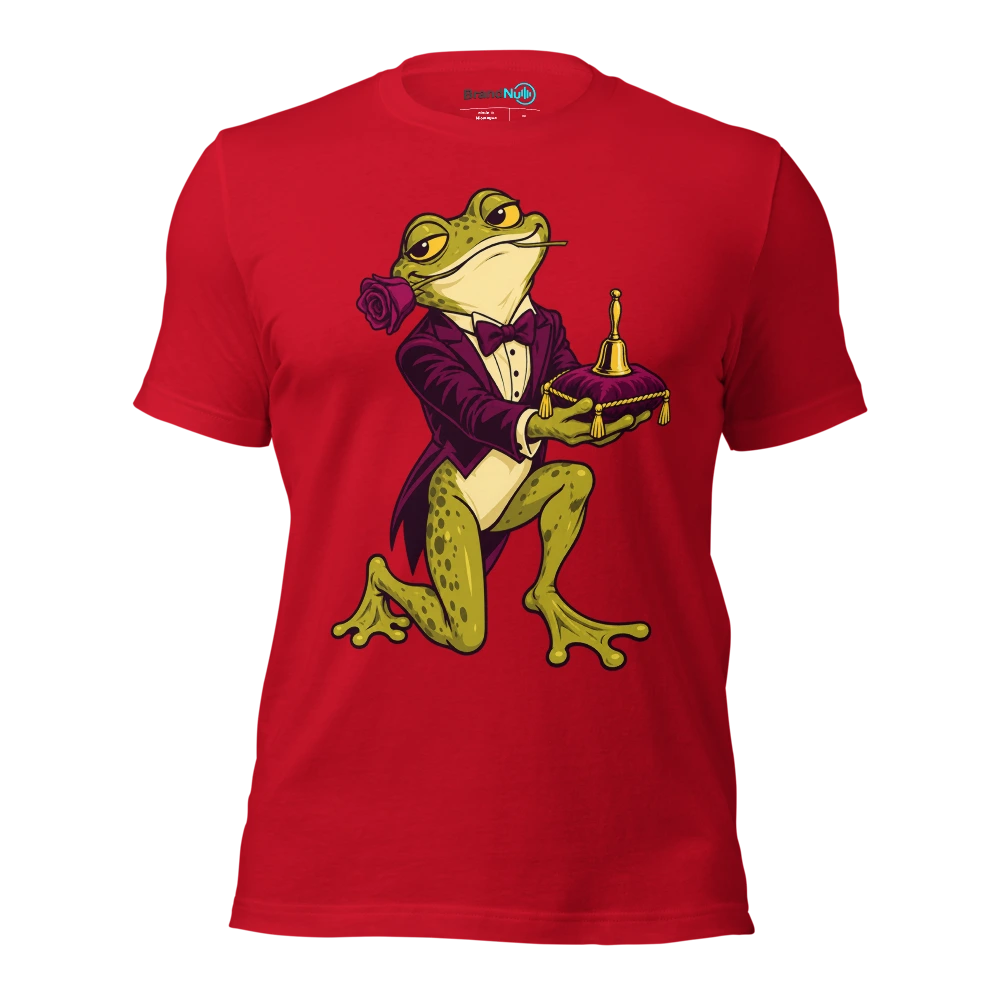 Frog offering a tiny handbell on a velvet cushion T Shirt Red Front