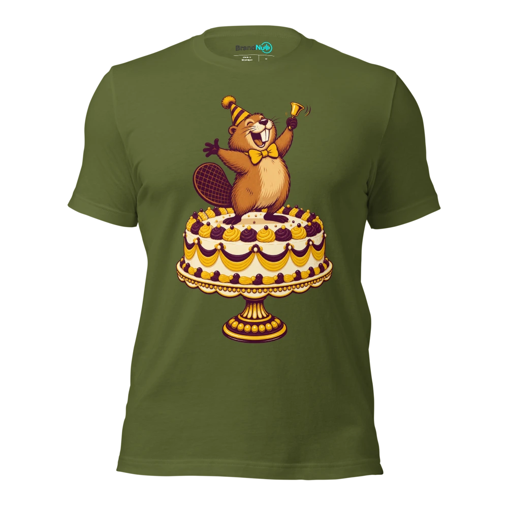 Birthday beaver presenting one tiny handbell on a huge cake stand T Shirt Olive Front