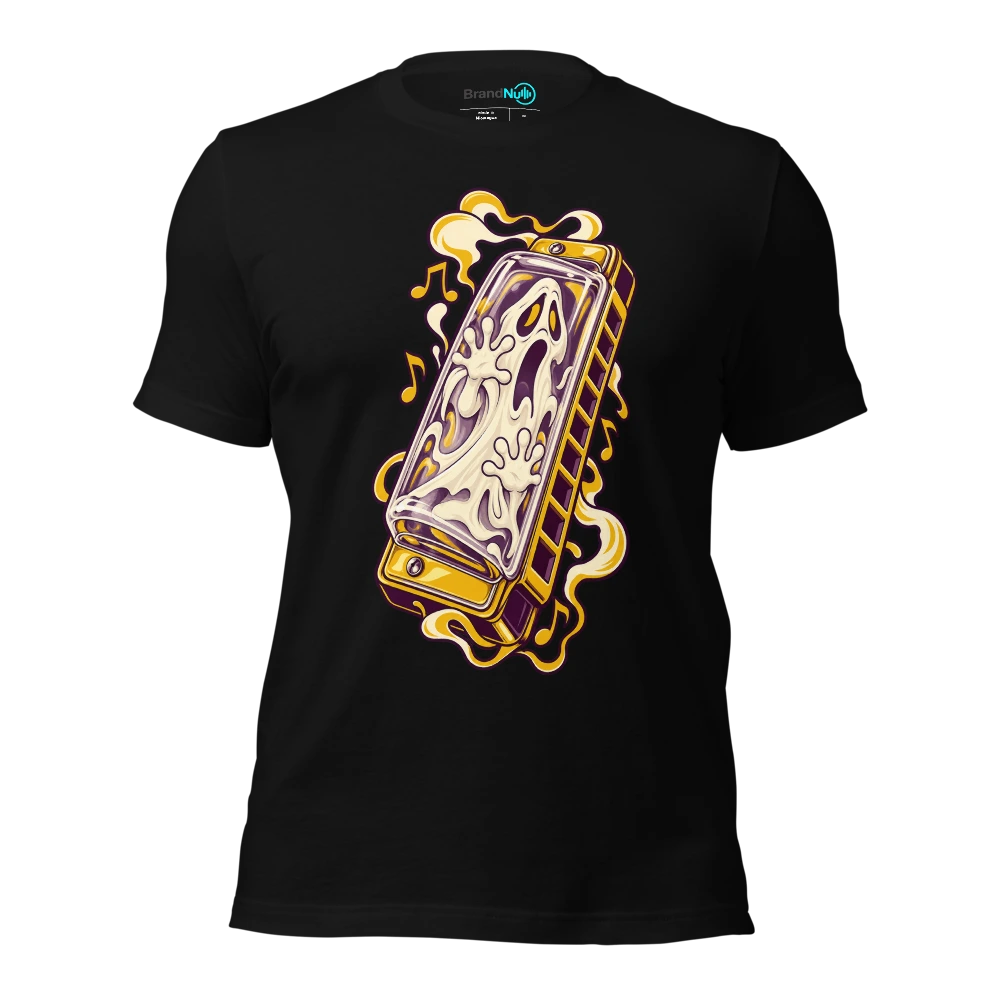 A ghost trapped inside a transparent harmonica T Shirt Black Front