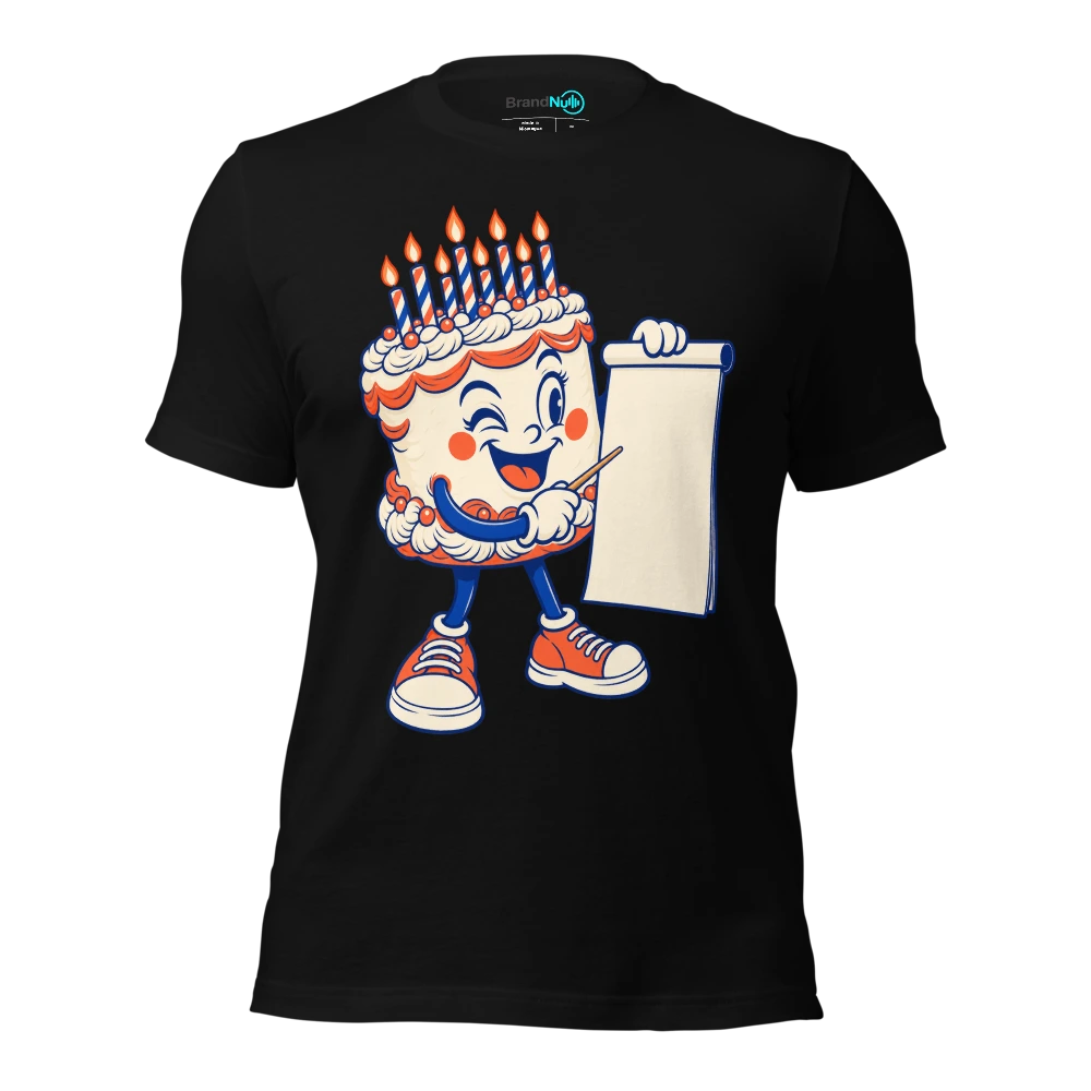 Cake mascot holding a tiny wooden baton and a blank chart T Shirt Black Front