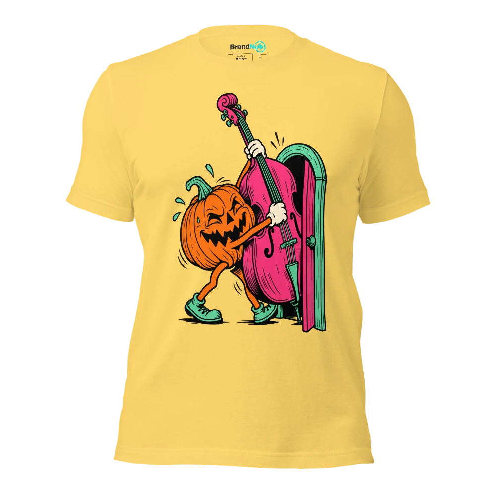 Pumpkin carrying a double bass through a tiny doorway T Shirt Yellow Front