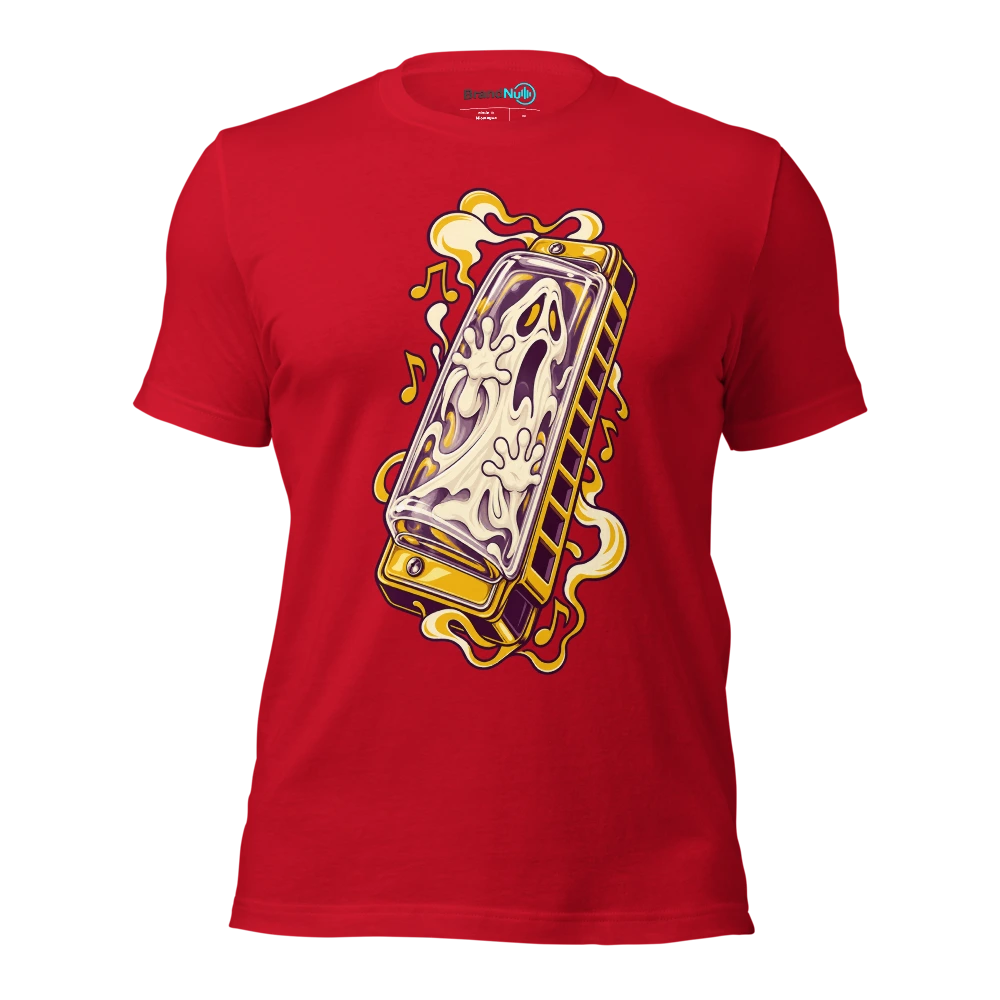 A ghost trapped inside a transparent harmonica T Shirt Red Front