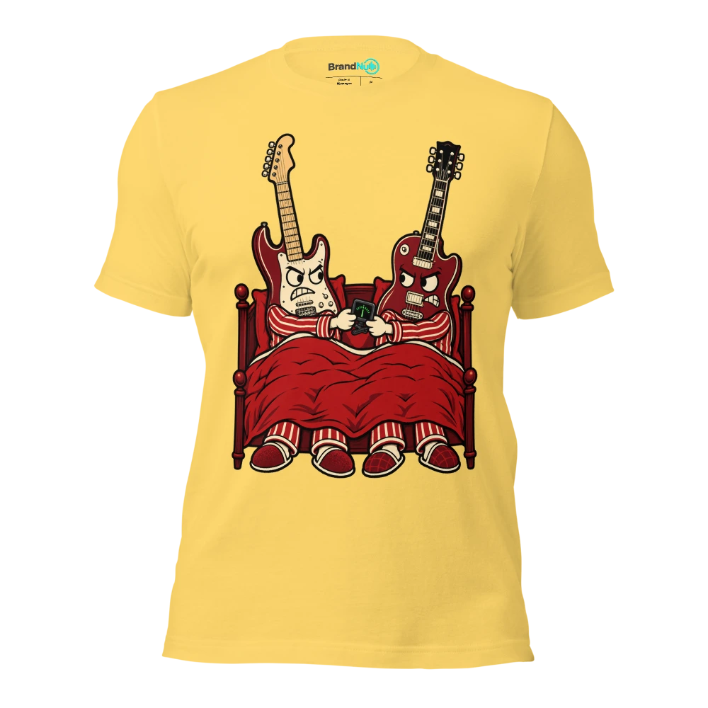 WE SHARE A BED NOT A GUITAR TUNER T Shirt Yellow Front