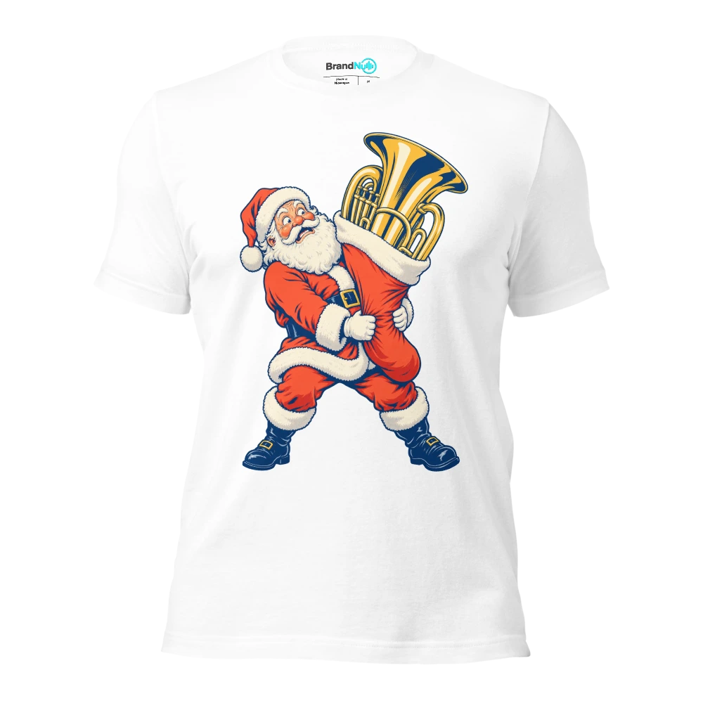 Santa carrying a euphonium in a stocking too small for it T Shirt White Front