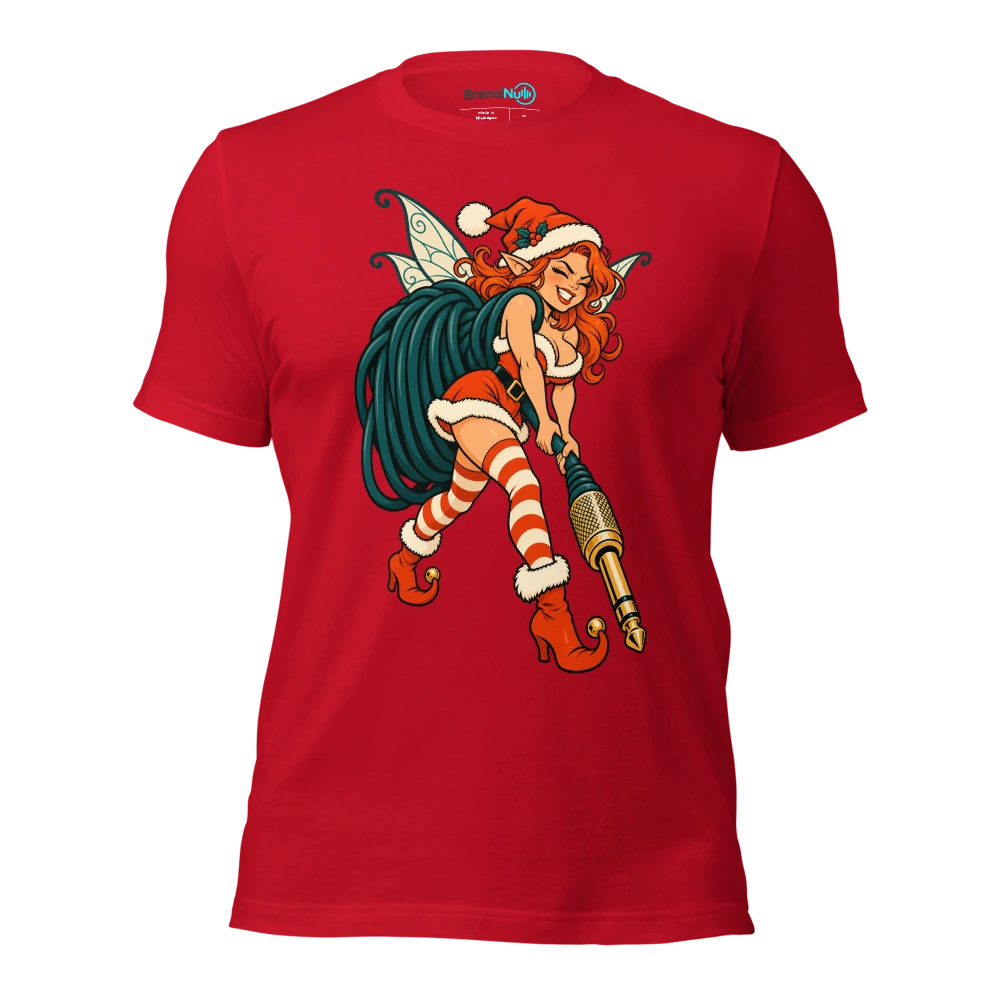 A festive fairy hauling an amplifier cable larger than itself T Shirt Red Front