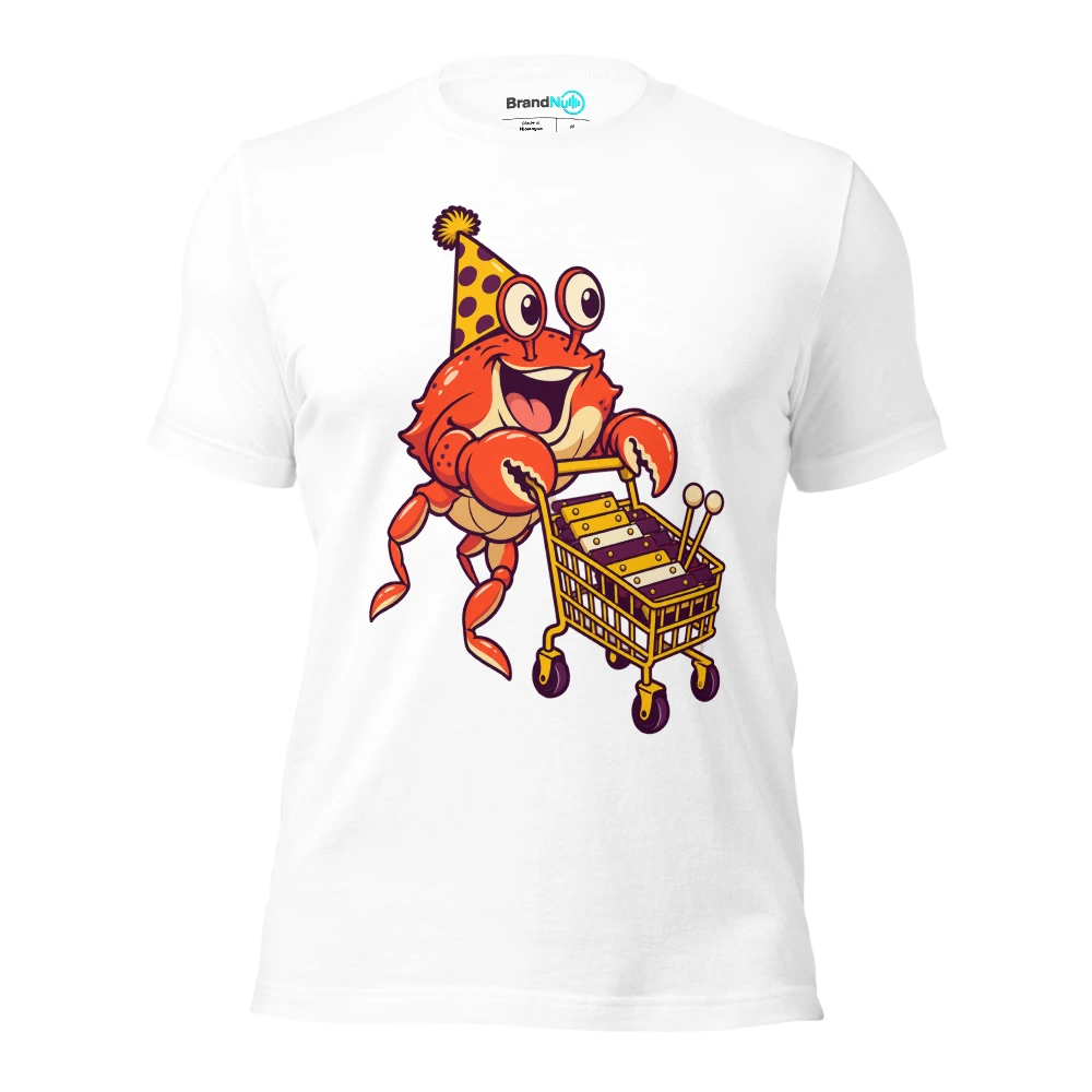 Birthday crab carrying a glockenspiel on a tiny shopping trolley T Shirt White Front