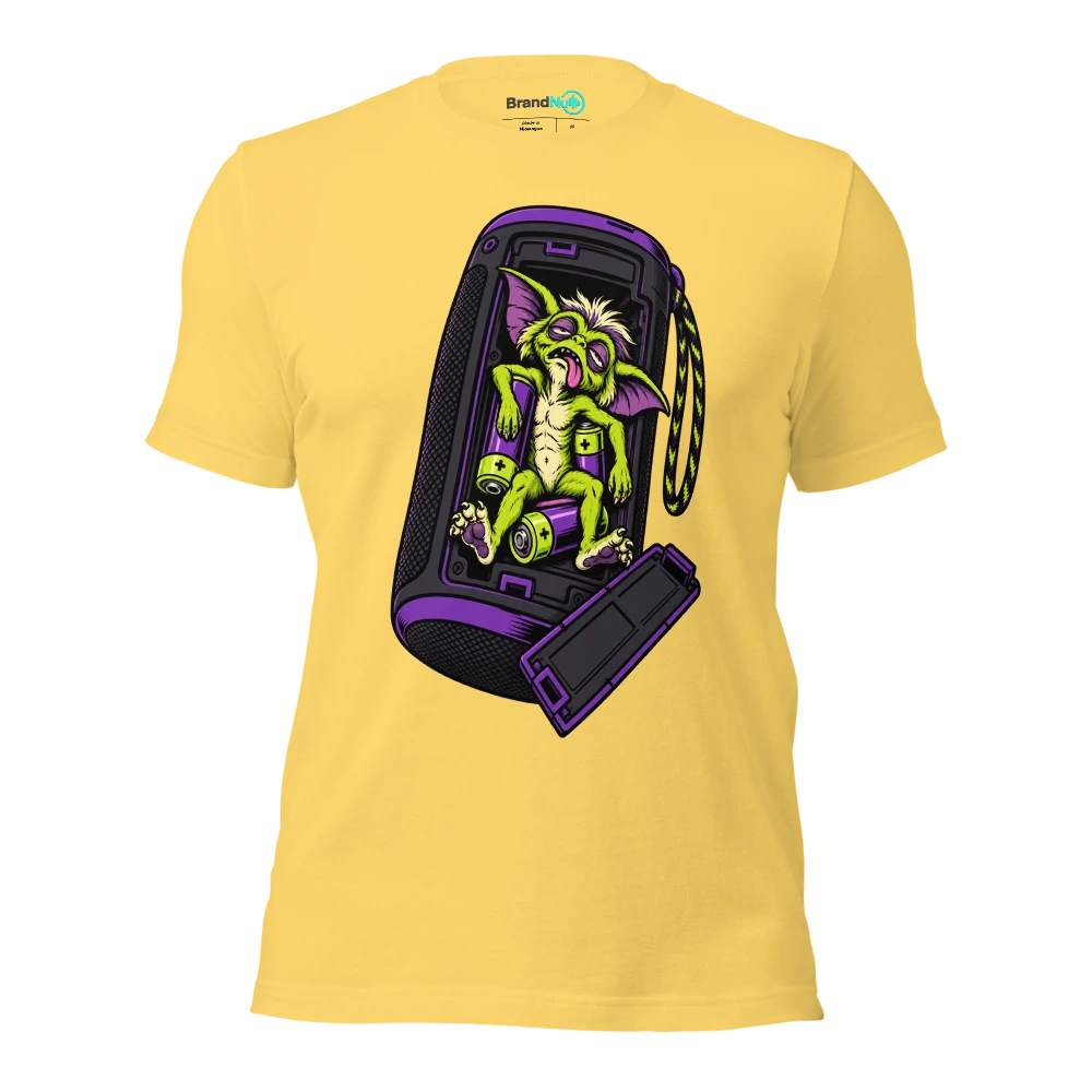 THE PARTY GREMLIN HAS RUN OUT OF BATTERY T Shirt Yellow Front