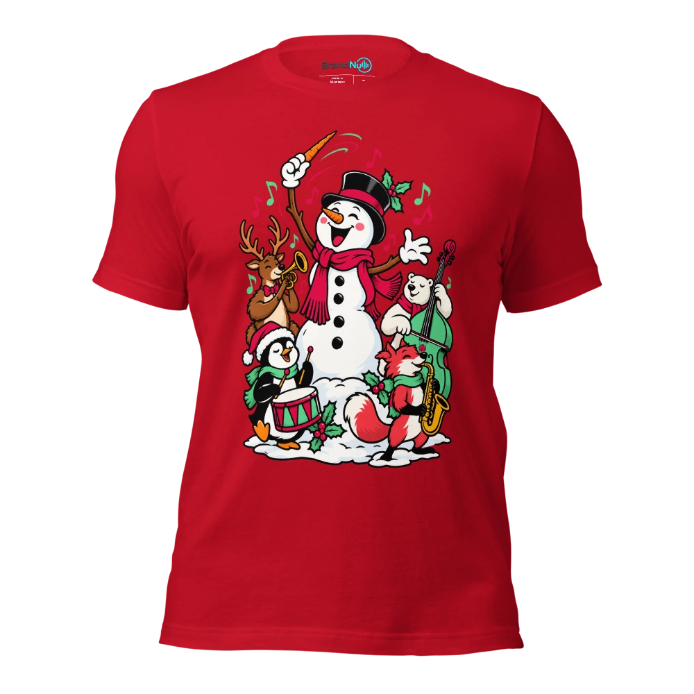 A snowman using a carrot as a conductor baton T Shirt Red Front
