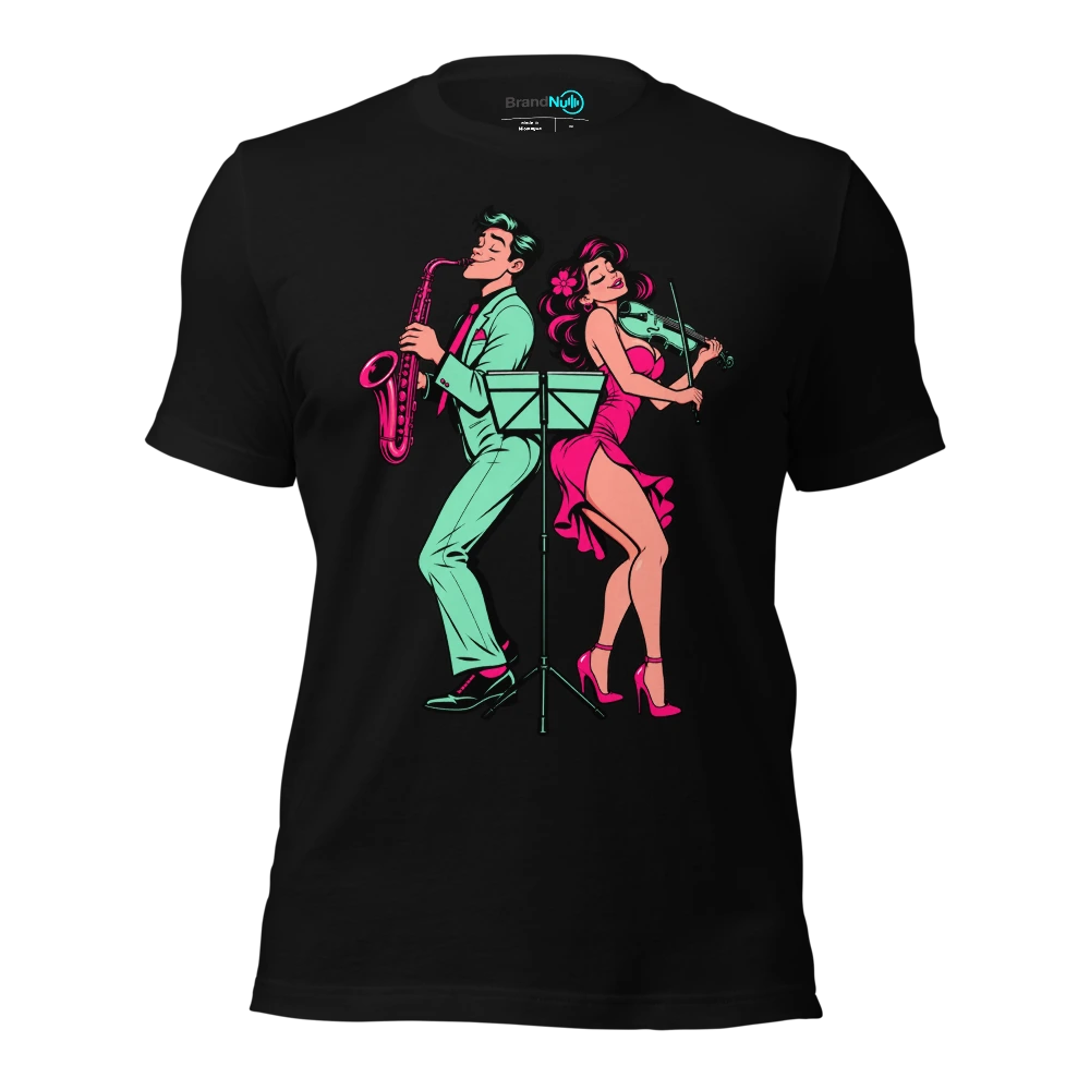 Couple sharing a music stand while facing opposite directions T Shirt Black Front