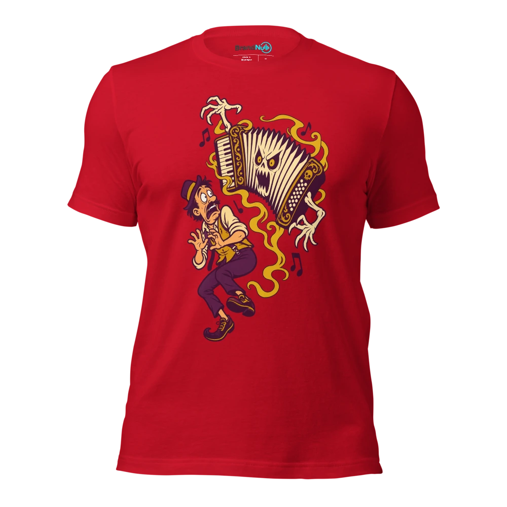 A haunted accordion expanding while its nervous owner retreats T Shirt Red Front
