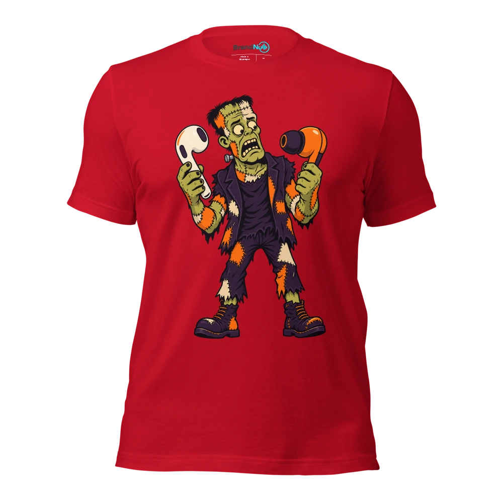 THE PATCHWORK MONSTER HAS MISMATCHED EARBUDS T Shirt Red Front