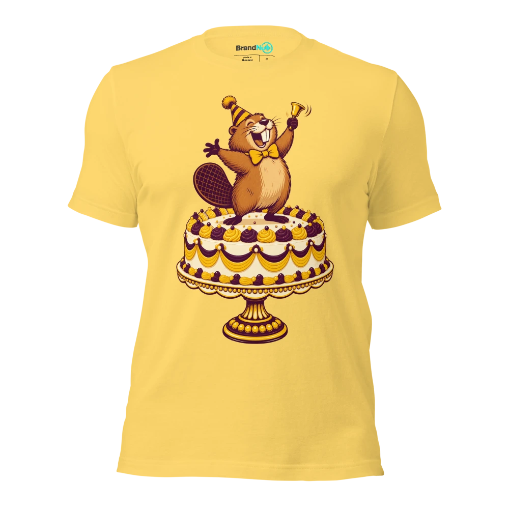 Birthday beaver presenting one tiny handbell on a huge cake stand T Shirt Yellow Front