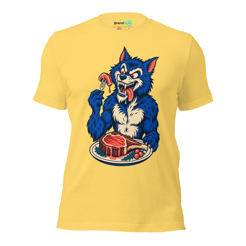 A werewolf using a tuning fork as a tiny dinner fork T Shirt Yellow Front