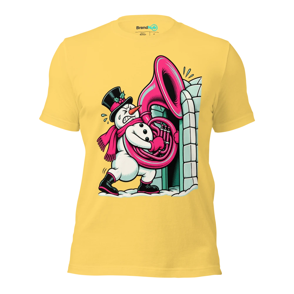 Snowman trying to carry a sousaphone through an igloo door T Shirt Yellow Front