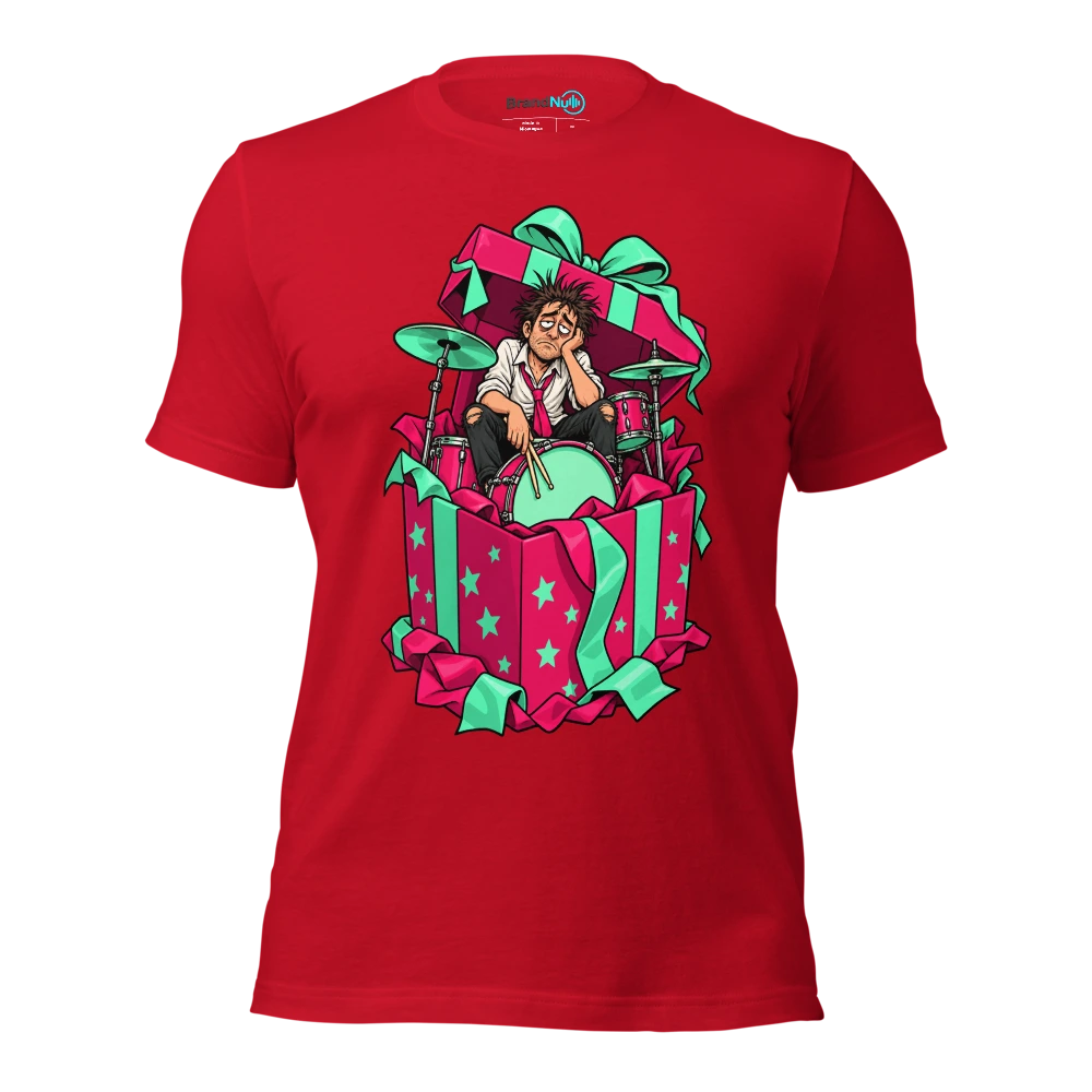 An exhausted drummer sitting inside an enormous open gift box T Shirt Red Front