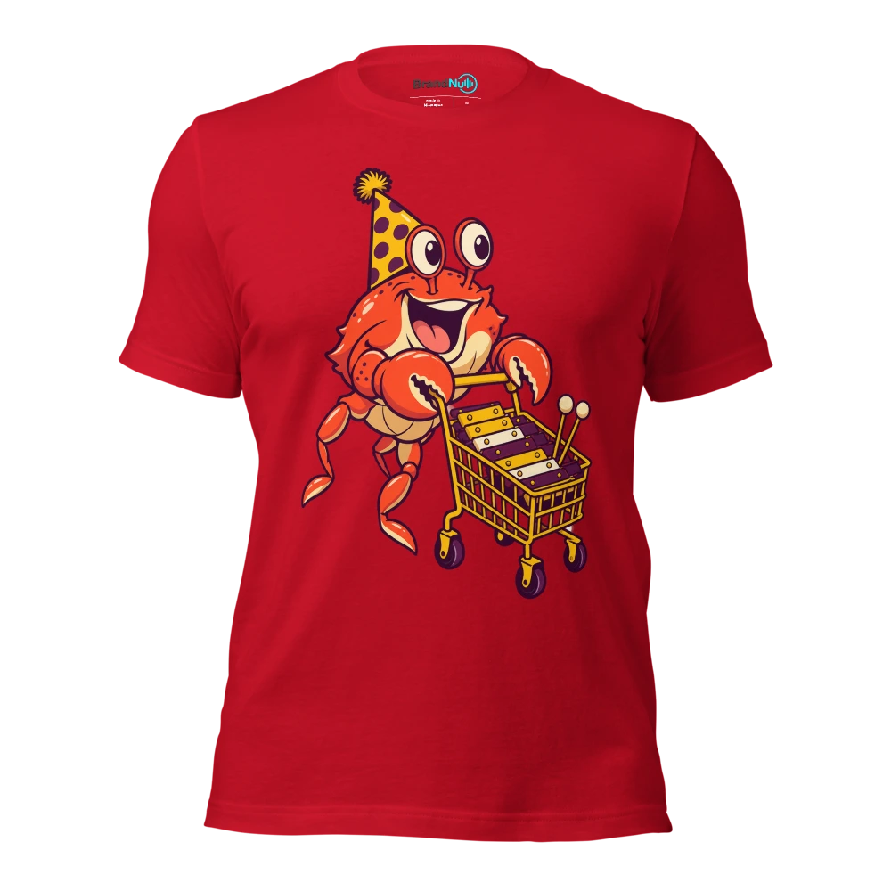 Birthday crab carrying a glockenspiel on a tiny shopping trolley T Shirt Red Front
