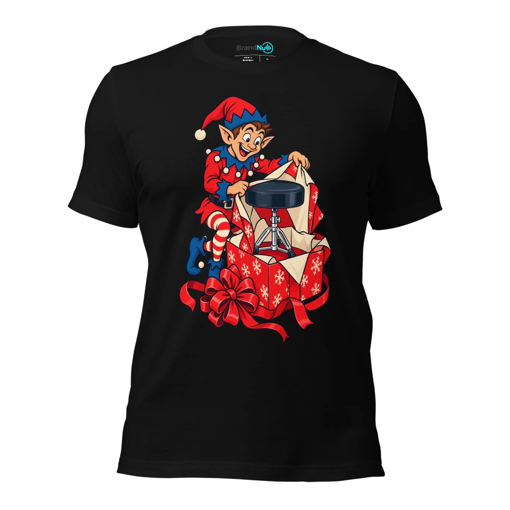 An elf packing a drum stool as though it were a luxury gift T-SHIRT