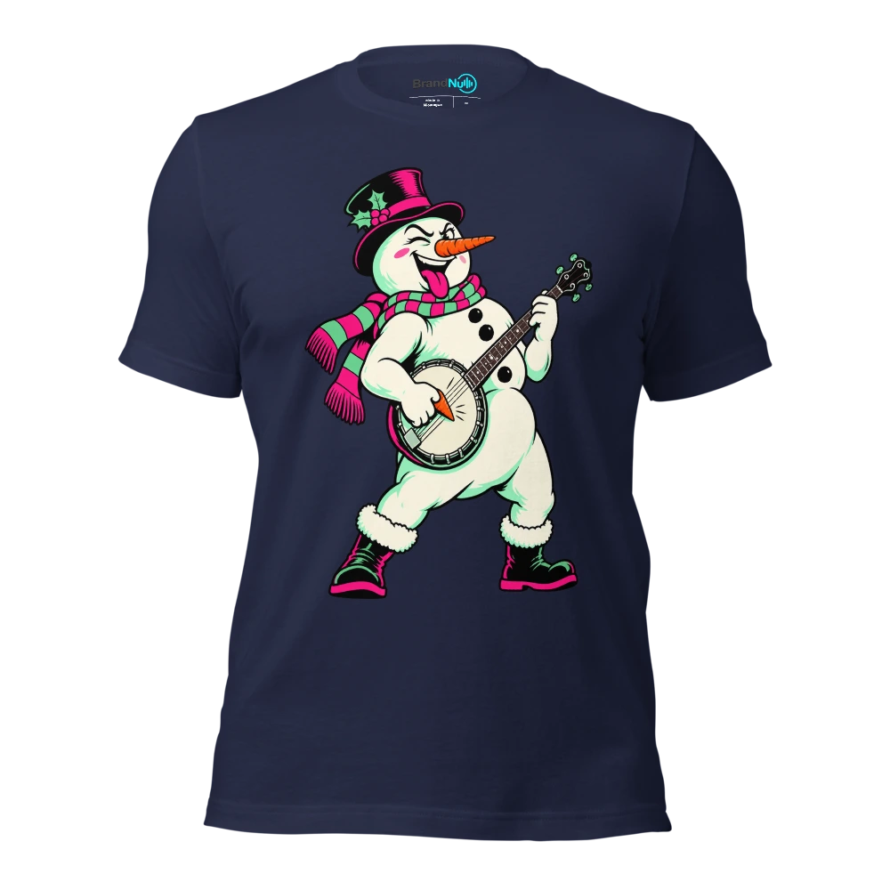 Snowman plucking a banjo with a carrot shaped pick T Shirt Navy Front