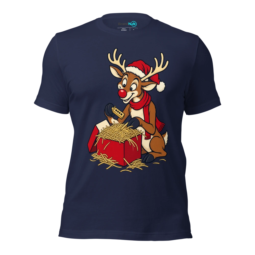 Reindeer carefully packing a tiny pitch pipe in hay T Shirt Navy Front