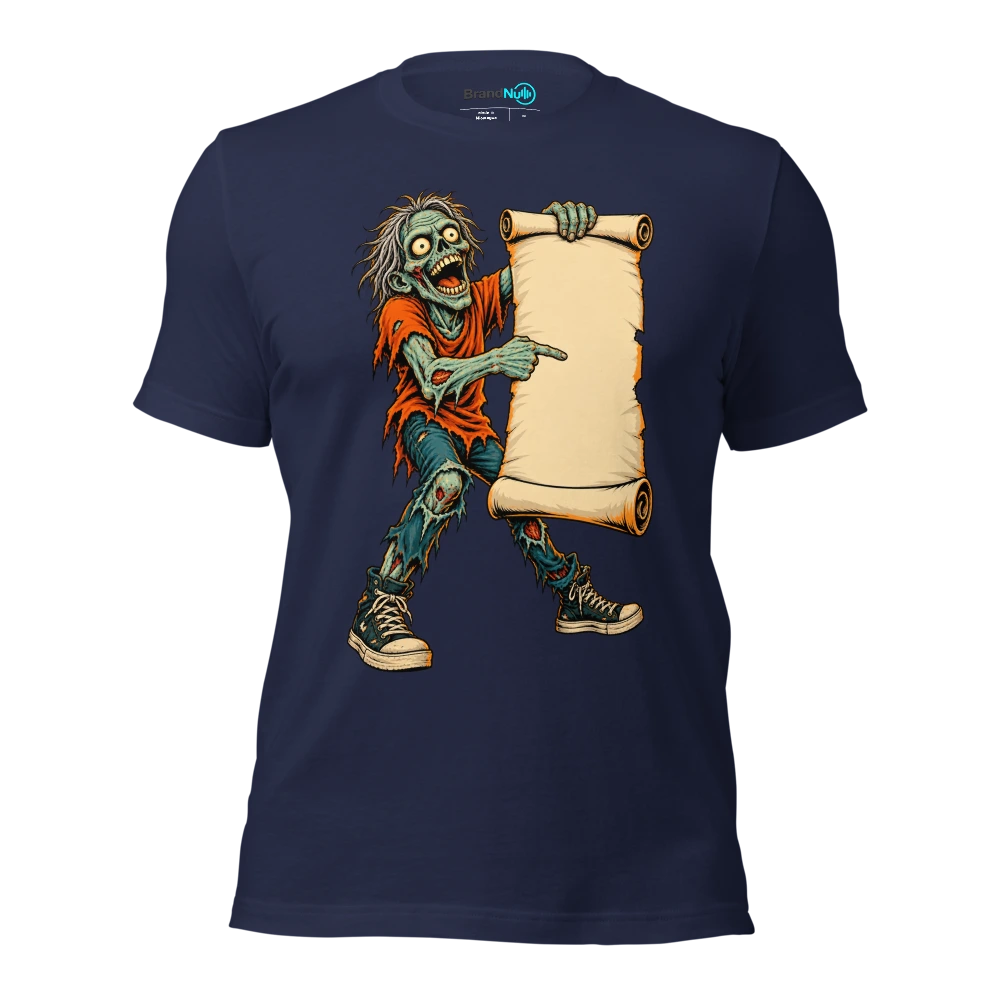 Zombie offering a blank encore request on a giant scroll T Shirt Navy Front