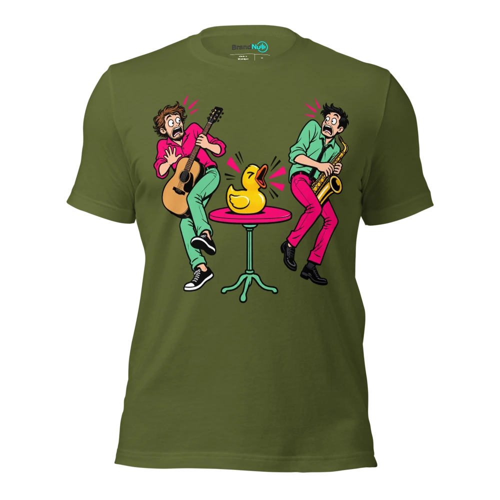 Couple leaning away from an unexpectedly loud squeaky toy T Shirt Olive Front