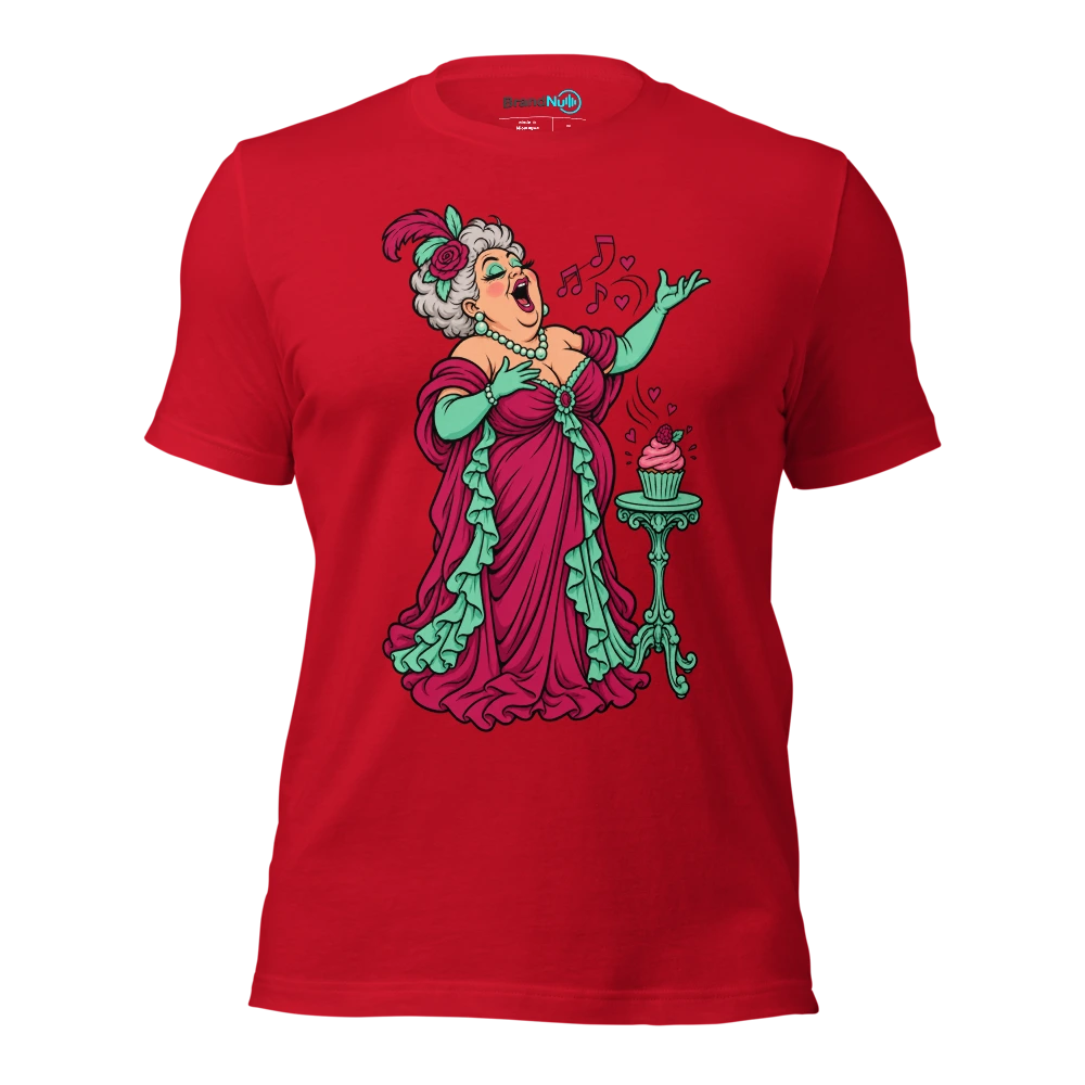An elderly opera singer serenading a single cupcake T Shirt Red Front