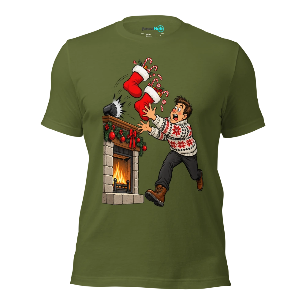 THE STOCKINGS ARE VIBRATING OFF THE MANTELPIECE T Shirt Olive Front