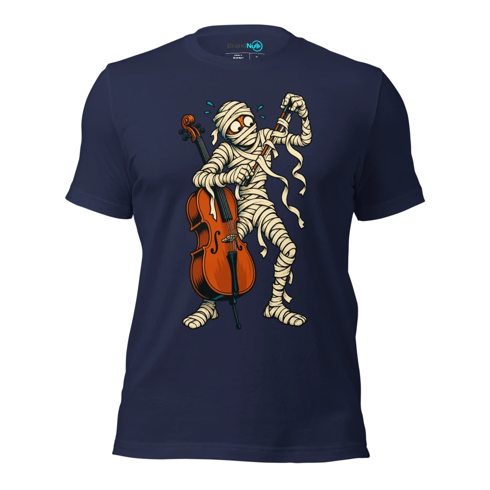 A mummy trying to unroll a cello bow from its bandages T Shirt Navy Front