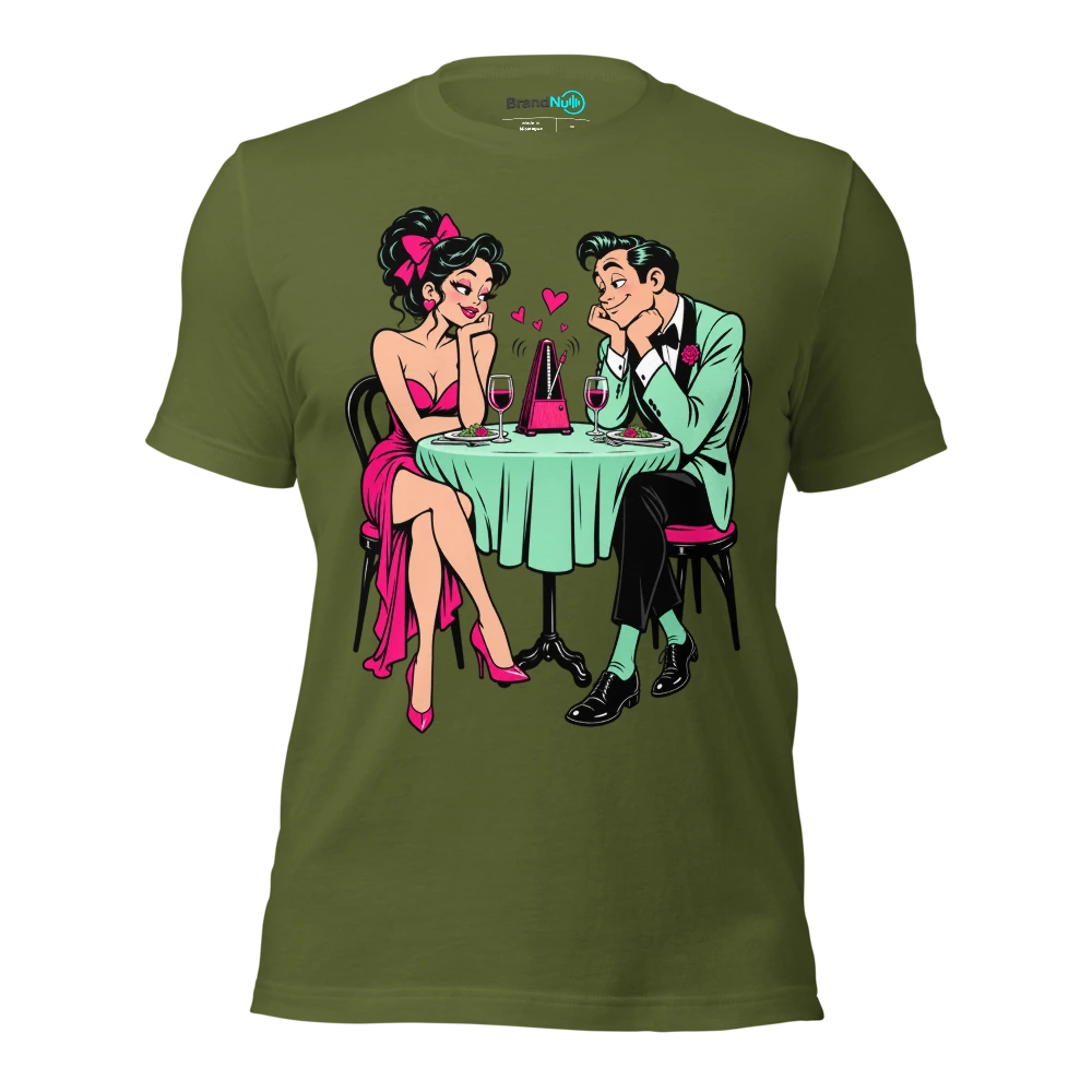Couple watching a tiny metronome over dinner T Shirt Olive Front