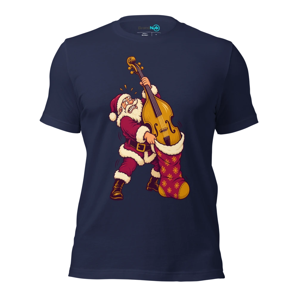 Santa struggling to fit an enormous double bass into a small stocking T Shirt Navy Front