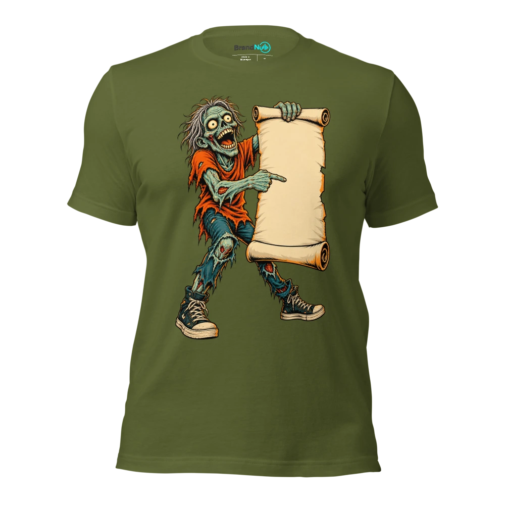 Zombie offering a blank encore request on a giant scroll T Shirt Olive Front