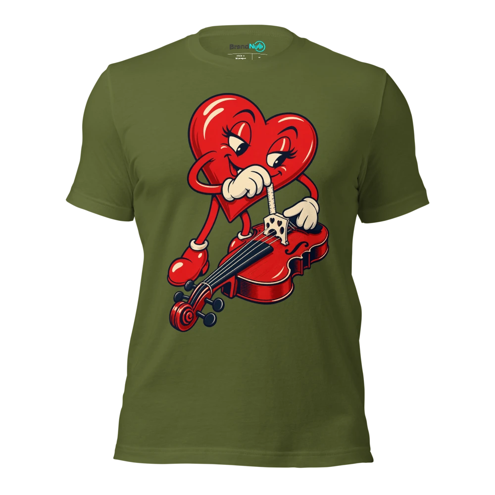 Heart mascot measuring a violin bridge with a tiny ruler T Shirt Olive Front