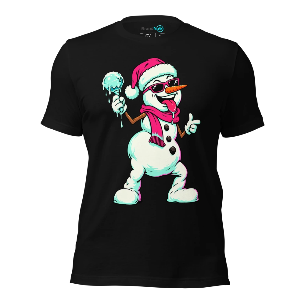 Snowman holding a single melting ice maraca T Shirt Black Front