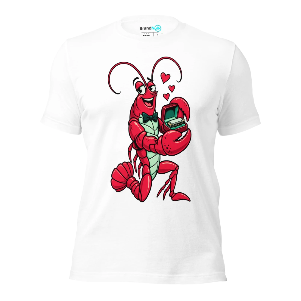 A lobster presenting a tiny harmonica in an open ring box T Shirt White Front